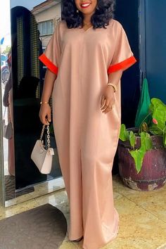 Comfortable V-neck Contrast Short Sleeve Loose Maxi Dress Materials Gown Style, Simple Dress Styles, Casual Gowns, Boubou Styles For Women, Bubu Gown Styles, Modest Dresses Fashion, Kaftan Designs, African Print Dress Designs, African Fashion Traditional