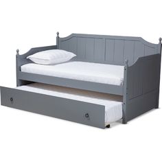 a gray daybed with trundle and mattress on white background for use in children's room