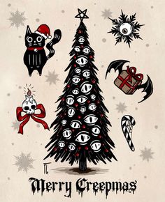 a christmas tree decorated with evil eyes and other holiday decorations is featured in this hand drawn illustration