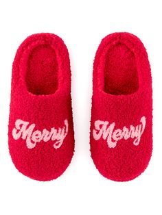 Shiraleah "Merry Merry" Slippers Holiday Loungewear, Holiday Slippers, Spa Wraps, Pink Letters, Comfortable Slippers, Pink Letter, Ribbon Wrap, Slippers Cozy, House Shoes