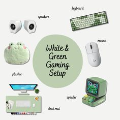 the words white and green gaming setup are shown