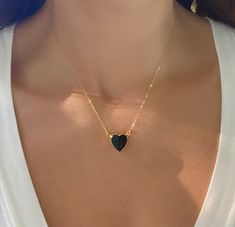 "Please note that there are 3 different necklaces to choose from in this listing. Heart necklace - $48.00 Short Beaded Layering Chain - $28.00 Long Beaded Layering Chain - 38.00 You can get one or all 3 for the layered look. See drop down menu for options. Heart Pendant is 24k gold plated just around the edges so you can soak in the crystal energy✨💗 Chains are 14k gold fill and a total length of 18\" and can be shortened to 16\" or 17\". Choose gold or silver from drop down menu. About the crys Black Heart Pendant Necklace With Adjustable Chain, Black Adjustable Chain Heart Pendant Jewelry, Elegant Black Heart Pendant Charm Necklace, Black Necklace With Adjustable Chain For Valentine's Day, Black Heart Shaped Jewelry With Adjustable Chain, Black Heart-shaped Jewelry With Adjustable Chain, Black Jewelry With Heart Charm Pendant, Black Jewelry With Heart Charm, Black Heart Charm Jewelry With Heart Cut