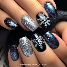 January Nail Designs Black, Winter Nails Silver Glitter, Short Square Winter Nail Designs, Almond Nails Snowflakes, Fun Gel Nail Designs, Sns Winter Nails Ideas, Happy New Year Nails Designs 2025, Navy Blue Nails With Snowflakes, Blue And Silver Snowflake Nails