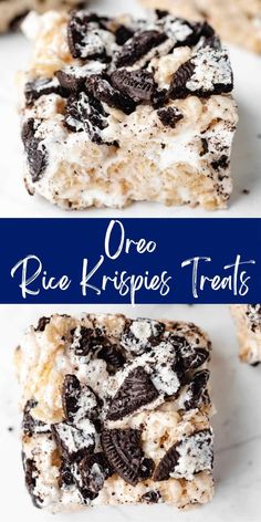 oreo rice krispies treats are stacked on top of each other with the words oreo rice krispies treats above them