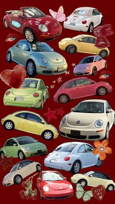 a bunch of different colored cars on a red background with butterflies and hearts in the middle