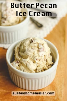 two bowls filled with ice cream on top of a wooden table