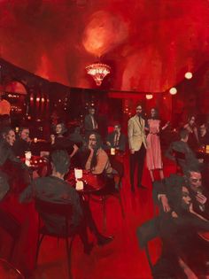 a painting of people sitting at tables in a room with red lighting and chandeliers