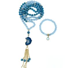 Enjoy this hand-knotted mala necklace made with blue apatite & aquamarine gemstones and a natural stone pendant.Blue apatite facilitates public speaking, enhances group communication, opens the throat chakra and heals the heart & emotional disease. Aquamarine is a stone of courage. Its calming energies reduce stress and quiet the mind. It harmonizes its surroundings and protects against pollutants. It clears blocked communication and promotes self-expression. A wonderful stone for mediation. Com Knotted Mala, Blue Apatite, Mala Necklace, Throat Chakra, Aquamarine Gemstone, Public Speaking, Stone Pendant, Aquamarine, Natural Stone