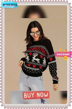 Christmas Fawn Pullover Sweater Casual Fall Outerwear For Holiday, Casual Fall Holiday Outerwear, Casual Winter Holiday Outerwear, Casual Long Sleeve Holiday Outerwear, Casual Christmas Holiday Outerwear, Casual Holiday Sweater For Fall, Casual Holiday Outerwear, Black Holiday Tops For Fall, Black Top For Holiday In Fall