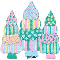 three colorful christmas trees with polka dots on the top and one green, blue, yellow and