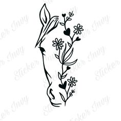 a black and white drawing of flowers on a horse's head with the word love written