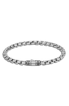 This slim box-chain bracelet in durable sterling silver makes a subtle everyday accessory. 1/4" widest band width Push-clasp closure Sterling silver Imported Everyday White Gold Sterling Silver Bracelet With Solid Link, Classic Engraved White Gold Chain Bracelet, Classic Sterling Silver Bracelet With Silver Chain For Everyday, Classic Adjustable Sterling Silver Bracelet With Silver Chain, Classic Everyday Sterling Silver Bracelet With Silver Chain, Classic Engraved Link Chain Bracelet, Classic Sterling Silver Chain Link Bracelet, Classic Sterling Silver Bracelet With Silver Chain, Classic Sterling Silver Chain Bracelet With Solid Links