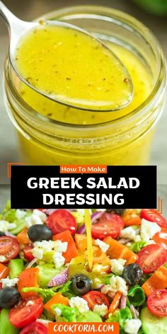 greek salad dressing being poured into a bowl