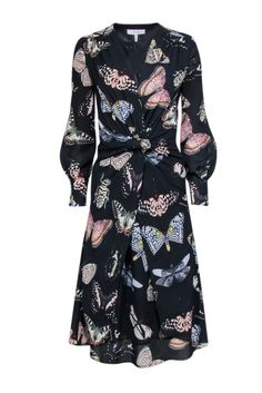 Be the belle of the occasion in Reiss' butterfly knot front dress. The v-neckline, tulip front, and bold butterfly print make a statement, while the knot waist adds a flattering touch. Style it up with gold hoops and patent leather sandals for a perfectly chic look. Size 2 100% Polyester Fully lined Invisible side zipper Double v-neckline detail Knit front waist Tulip front bottom Bust 32" Waist 28" Shoulder to hem 43" Sleeve length 23.25" V-neck Spring Dresses With Bow Detail, Spring Evening Dress With Bow Print, Spring Evening Dresses With Bow Print, Chic Bow Print Summer Dress, Summer Evening Dress With Bow Print, Summer Evening Dresses With Bow Print, Summer Multicolor Dress With Bow, Spring Multicolor Dress With Bow, Chic Butterfly Print Party Dress