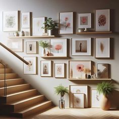 there are many framed pictures on the wall next to the stairs and potted plants