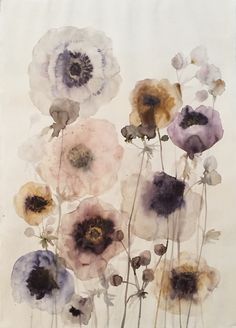 an image of flowers painted in watercolors on white paper with black and purple accents