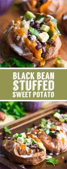 black bean stuffed sweet potato with cheese and other toppings