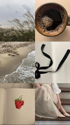 a collage of photos with coffee, beach and strawberries