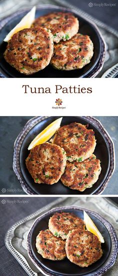 two pictures of tuna patties with lemon wedges