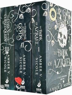 three books in black covers with white lettering and a red rose on the front cover