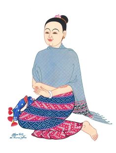 a painting of a woman sitting on the ground with her arms crossed and legs crossed