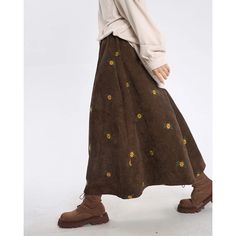 Lasaky - Vintage Brown Corduroy Midi Skirt with Intricate Embroidered Floral Detail - Retro Knee-Length Long Skirt 70s Corduroy Skirt, Vintage Corduroy Skirt, Mid Size Cottagecore, Long Corduroy Skirt Outfit, Vintage Formal Outfit, Nature Style Clothing, Corduroy Embroidery, Skirt Types, Nature Clothes