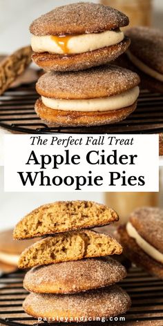 apple cider whoopie pies stacked on top of each other with the words, the perfect fall treat