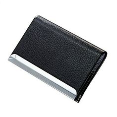 a black leather business card case with silver accents on the front and bottom corner,