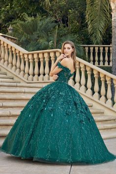 Elevate your style with our stunning 3D floral applique off-shoulder ball gown. Made from 100% polyester, this gown is as comfortable as it is beautiful. Be the belle of the ball with this exquisite piece, featuring embellished appliques and a luxurious ball gown silhouette. Perfect for quinceañeras or other special occasions, this gown in emerald or hunter green is a show-stopper. Model Number: JT1445 Please refer to size chart "B" for the perfect fit. Emerald Quinceanera, Emerald Green Quince Dress, Quince Shirts, Emerald Green Quinceanera Dresses, Green Quince Dress, Long Ball Dresses, Emerald Green Quince, Green Quinceanera, Green Quinceanera Dresses