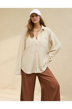 Real Good soft, textured waffle fabric/Oversized chest pockets/Button up with functional buttons (PLUS cuff buttons!)/Seaming deets at chest, shoulders & back/Accessibility deets: over-the-head access for easier on/off & hidden abdominal access! Aerie Clothing, Color Cake, Boot Cut Leggings, Waffle Shirt, Waffle Fabric, Bra Dress, Button Long Sleeve, Sports Skirts, Women's Wear