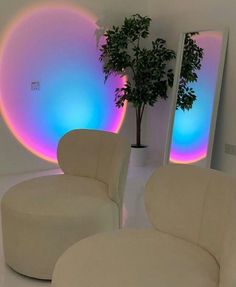 two white chairs and a potted plant in front of a wall with colorful lights