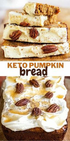 there is a cake with pecans on top and the words keto pumpkin bread above it