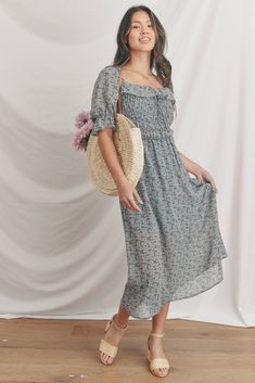 October Morning Dress – Breath of Youth Casual Smocked Dress With Square Neck For Garden Party, Casual Smocked Dress With Square Elastic Neckline, Casual Smocked Dress With Square Neck And Elastic Neckline, Casual Smocked Dress With Puff Sleeves And Elastic Neckline, Casual Smocked Dress With Gathered Neckline For Day Out, Golden Heart Locket, Breath Of Youth, October Morning, Tiny Butterfly