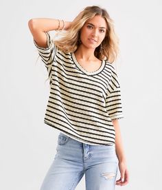 BKE Striped Knit Top - Cream Small, Women's Creamblack Textured v-neck boxy top Bust measures 40 on size small Body length 20 on size small. 50% Cotton 43% Polyester 7% Spandex. Machine wash cold with like colors gentle cycle. Tumble dry low. Remove promptly. Do not bleach. Cool iron. Apparel & Accessories > Clothing > Shirts & Tops Spring V-neck Knit T-shirt, Spring Knit V-neck T-shirt, Knit V-neck Top For Day Out, Casual Black V-neck Knit Top, Trendy V-neck Knit Top For Everyday, Casual Striped V-neck Top, Striped V-neck Knit Top For Spring, Chic Knit V-neck Tops, Everyday Knit V-neck Tops