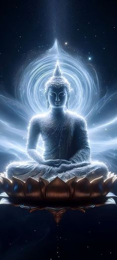 a buddha statue sitting in the middle of a body of water with light coming from it