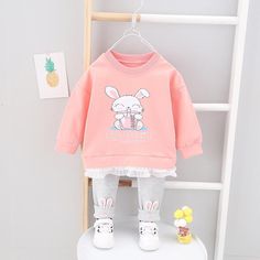 2-piece Rabbit Pattern Sweatshirt & Pants for Toddler Girl - PrettyKid Casual Long Sleeve Sets With Cartoon Print, Casual Long Sleeve Cartoon Print Set, Long Sleeve Sets With Cartoon Print For Playtime, Cotton Long Sleeve Cartoon Print Set, Cotton Cartoon Print Long Sleeve Set, Cotton Long Sleeve Set With Cartoon Print, Cute Long Sleeve Sets For Playtime, Long Sleeve Cartoon Print Playwear Sets, Spring Cartoon Print Playwear Set