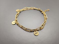 🌺Customized Double Layer Chain Bracelet is a Great Anniversary, Birthay and Holiday Gift. The chain and tag are made by Gold Plated Stainless Steel which is Tarnish Resistant. The chain size is 2mm cable chain and 4mm link chain. Perfect gift for Mom, Wife, Girlfriend, Sister and Daughter. 🌺 🥰Our shop is committed to excellence, offering you a product that not only meets but exceeds your expectations.  🔆 EXCEPTIONAL CRAFTSMANSHIP: Each of our Jewelry is a masterpiece of detail and design, in Trendy Charm Bracelet With Delicate Chain As Gift, Adjustable Chain Charm Bracelet For Gifts, Adjustable Chain Dangle Bracelet For Gift, Minimalist Stainless Steel Chain Bracelet For Friendship, Adjustable Metal Chain Bracelet For Friendship, Adjustable Chain Bracelet For Gifts, Minimalist Stainless Steel Friendship Bracelet, Gift Chain Link Charm Bracelet With Adjustable Chain, Chain Link Charm Bracelet With Adjustable Chain Gift