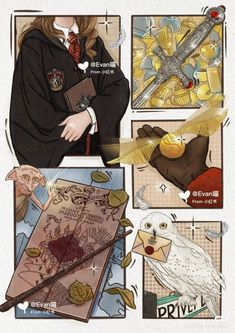 an image of harry potter collages with hogwart's crest and owl