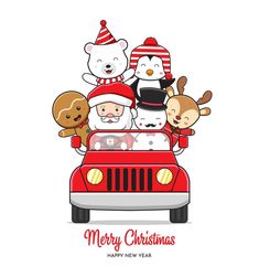 christmas card with santa claus and his friends in the car