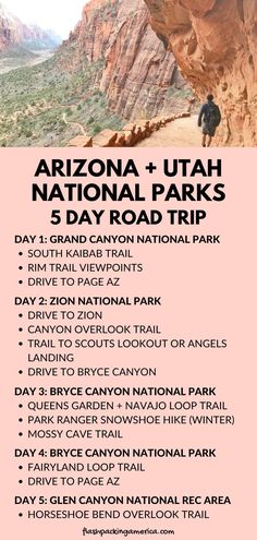 the arizona and utah national parks 5 day hiking itinerary is shown in pink