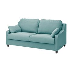 a light blue couch with pillows on it's arms and back cushions, against a white background