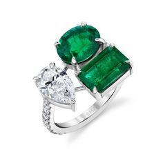 ONE OF A KIND COLLECTION: The SHAY Diamond & Emerald Pear Triple Threat Ring features one-of-a-kind gemstones in an open setting. Details: 18K Gold White Diamonds: 1.98cts Emerald: 4.4cts Pear: 1.62cts, Oval Emerald: 2.10cts, Emerald Cut Emerald: 2.2cts, Band: .35cts Width: 14mm Available in Rose, Yellow, White & Black Gold Natural, untreated gemstones CONTACT us to further customize Product Number: SR470 Not sure of sizing? See our chart HERE. All products are made to order within 4 - 6 weeks. Luxury Pear-shaped Three Stone Rings, Ring Chart, Triple Threat, Rose Yellow, Beautiful One, Emerald Diamond, White Diamonds, Yellow Gold Rings, White Gold Rings