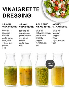 the ingredients for dressing are shown in three different glass bottles and labeled with their names