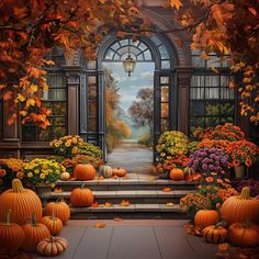 an autumn scene with pumpkins and flowers in the foreground, through which is a large open door