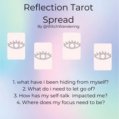 the reflection tarot spread by glwitch wandering is shown in three different colors