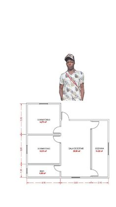 a drawing of a man standing in front of a floor plan with the measurements below