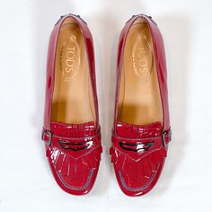 Red Hot Candy Apple Color Loafers Of Your Dreams! Tod's Of London Driving Loafers With Minimal Wear In Very Good Condition - Slight Scuffs On The Interior Sides And Normal Wear And Tear On Loafer Bottoms. *Size - 8 *Condition - Very Good *Color - Red *Material - Patent Leather *Heel Height - Flats Red Patent Leather Loafers With Red Sole, Red Patent Leather Slip-on Loafers, Red Tassel Loafers With Rubber Sole And Round Toe, Elegant Red Tassel Loafers With Rubber Sole, Red Heels With Rubber Sole For Formal Occasions, Red Formal Heels With Rubber Sole, Red Patent Leather Loafers For Formal Wear, Red Patent Leather Loafers For Formal Occasions, Elegant Red Moccasins For Work