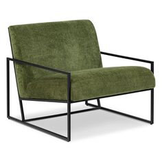 a green chair sitting on top of a white floor next to a black metal frame