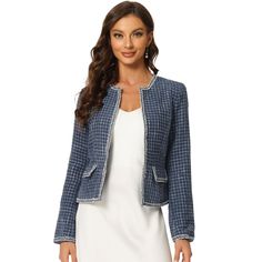 Retro and elegant, this blazer style with shiny decor and plaid tweed fabric. This vintage blazer designed with collarless and flap pockets, adds a touch of elegance to your wardrobe. A shiny decor and plaid tweed fabric add ebullient charm to this retro blazer. Pretty up your look with this cropped tweed blazer. Perfectly pair with formal midi skirts or long pants for a vintage and elegant look. Formal Midi Skirt, Tweed Blazer Women, Prom Costume, Womens Tweed, Blazer Style, Blazer Designs, Jacket Outfit, Boston Proper, Vintage Blazer