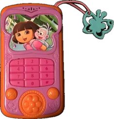 an orange and pink cell phone with a cartoon character on it